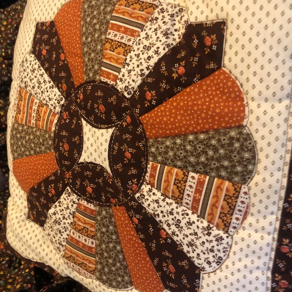 Vintage 70s Patchwork Quilted Ruffled Throw Pillow Cottage Grannycore
